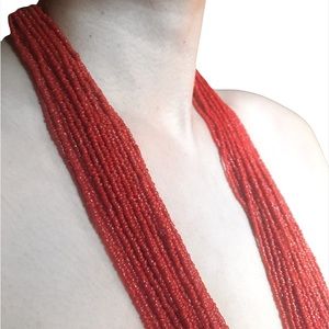 Vintage 70s Faux Coral Seed Bead Red Multi Strand Necklace Boho Navajo Style